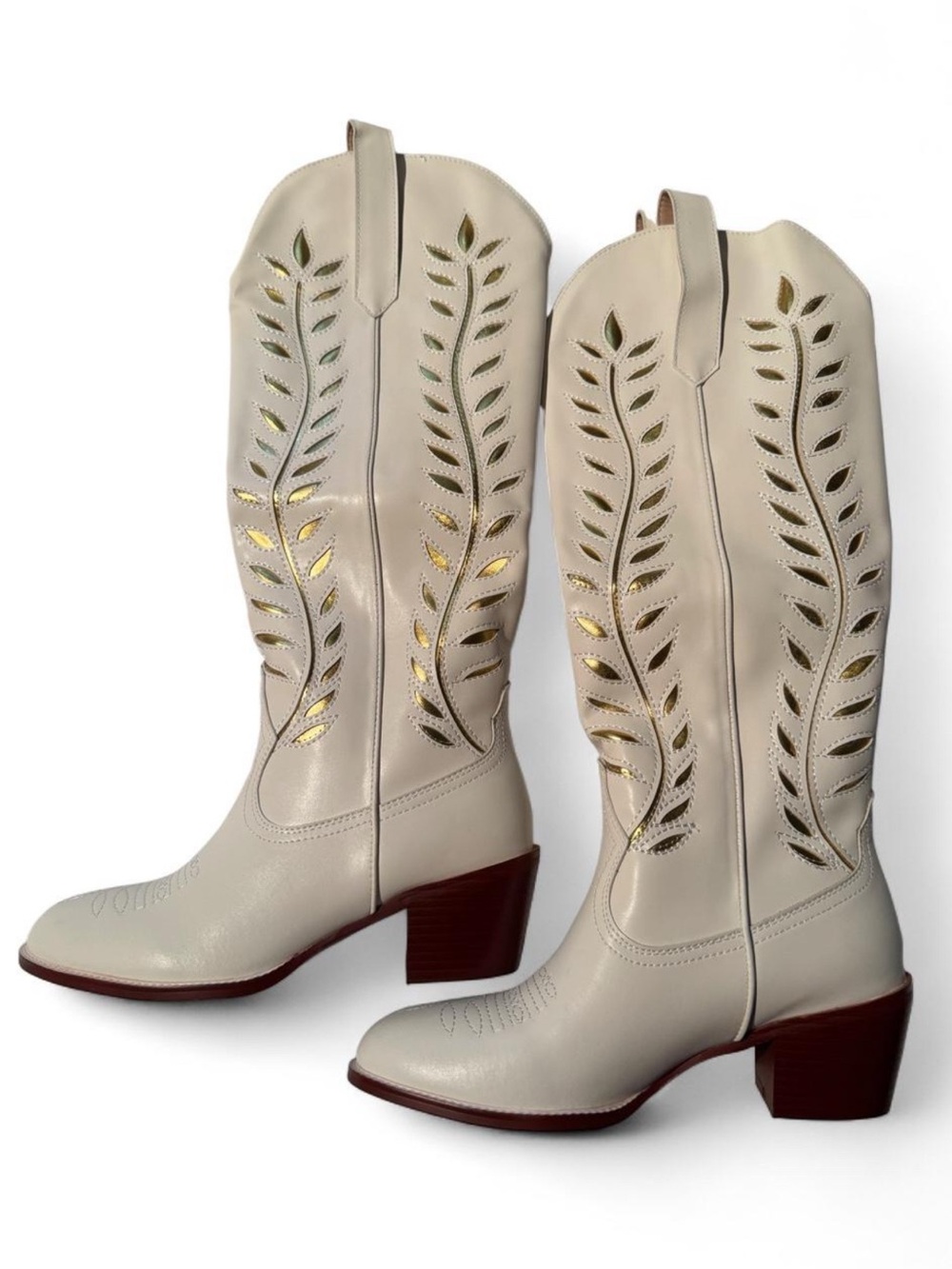 Women’s White Cutout Western Cowboy Boots Mid Calf Block Heel Pull On Size 38